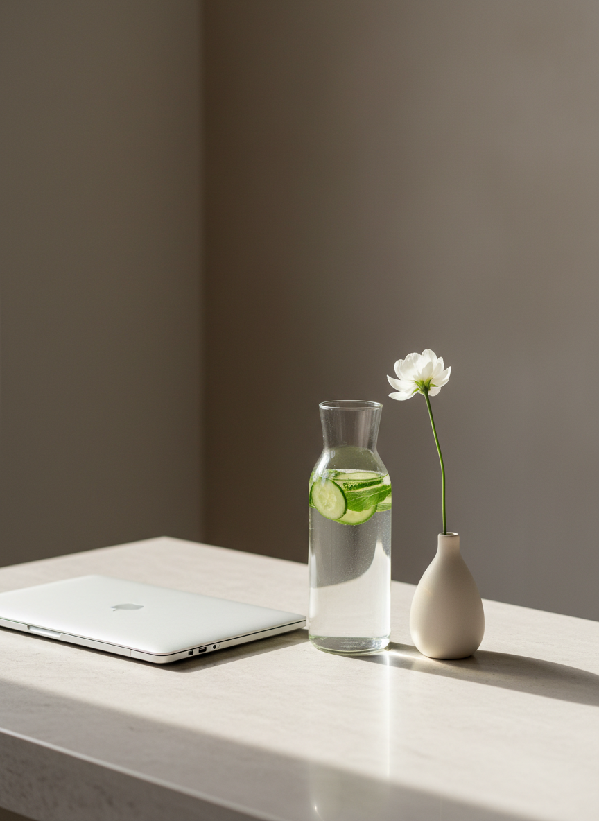 A minimalist, tastefully arranged desktop featuring a slim, silver laptop closed beside a slender glass carafe of water infused with floating cucumber and mint slices, and a single long-stemmed white flower in a matte ceramic bud vase. Everything sits on a light stone surface with faint marbling. Soft, diffused afternoon light from the left side creates a gentle glow and delicate reflections on the glass, keeping shadows subtle. The background is a softly blurred, neutral wall, suggesting a refined, quiet workspace. Photographic realism, shot from a slightly elevated angle using the rule of thirds. The atmosphere is spacious, grounded, and sophisticated, conveying clarity and values-based focus in women’s coaching work.