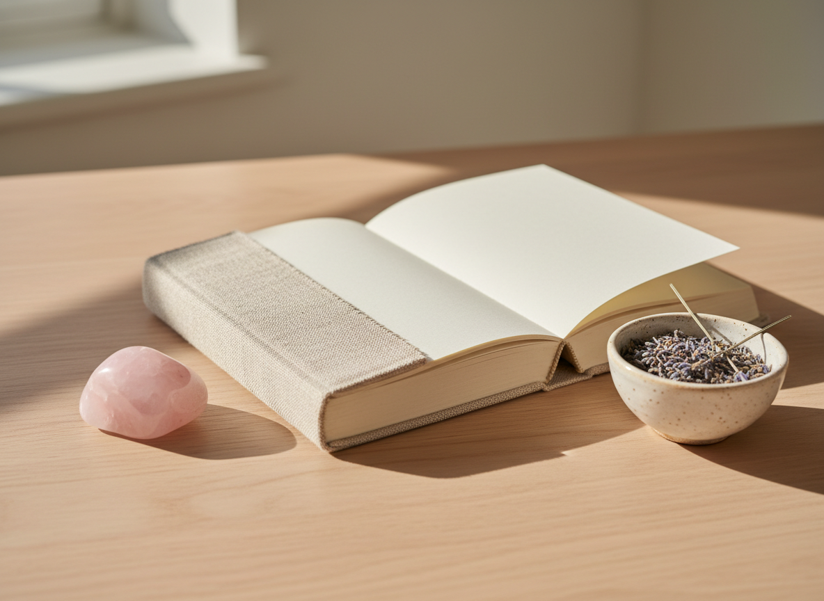 A carefully arranged still life of a thick, linen-covered journal lying open to a blank page, beside a smooth rose quartz stone and a delicate ceramic bowl holding dried lavender. All objects rest on a pale oak tabletop with a soft grain pattern. Gentle morning light filters through an unseen window, creating subtle highlights on the journal’s textured cover and casting soft, elongated shadows. The background fades into a creamy blur, suggesting a calm interior space. Photographic realism, eye-level composition with a shallow depth of field emphasizes the journal as a symbol of reflection, healing, and intentional transformation. The mood is serene, sophisticated, and quietly empowering.