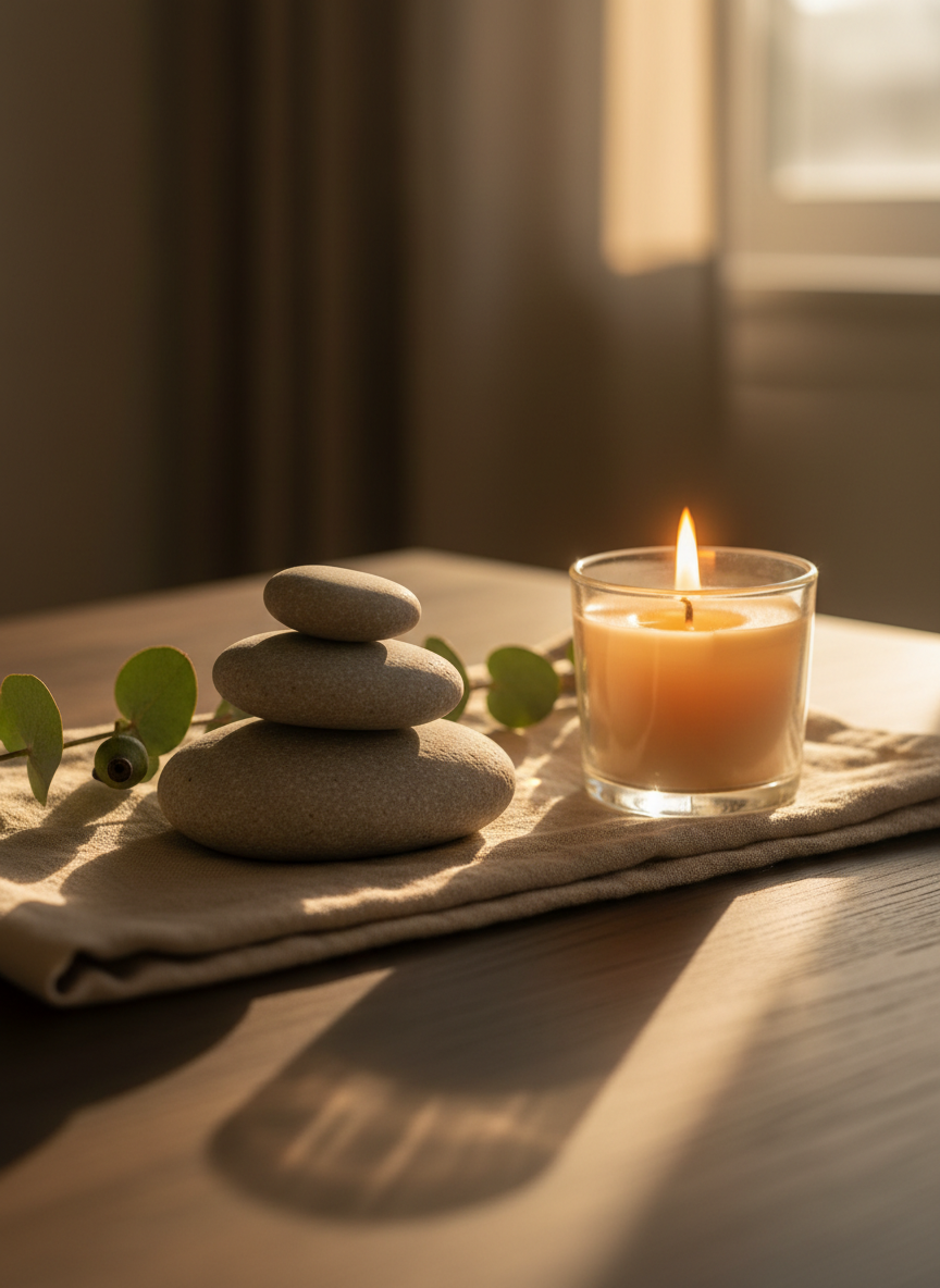 An elegant close-up of a small altar-like arrangement: three smooth river stones stacked in a balanced tower, a lit beeswax candle in a simple glass holder, and a sprig of eucalyptus resting on a folded sand-colored linen cloth. The arrangement sits on a dark wooden surface with fine grain detail. Warm golden-hour light from the right illuminates the candle flame, casting a soft halo and gentle, dancing shadows that stretch across the scene. The background is intentionally blurred, hinting at a calm interior sanctuary. Photographic realism, shallow depth of field, centered yet slightly offset composition. The mood is deeply soothing, contemplative, and intimate, symbolizing healing, belonging, and inner transformation without any human presence.